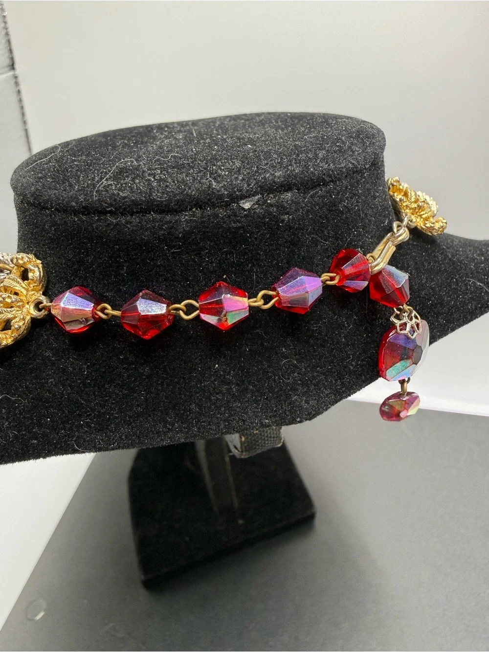 Vintage Signed Hobe Red Aurora Borealis Bead Necklace 18” + Extender